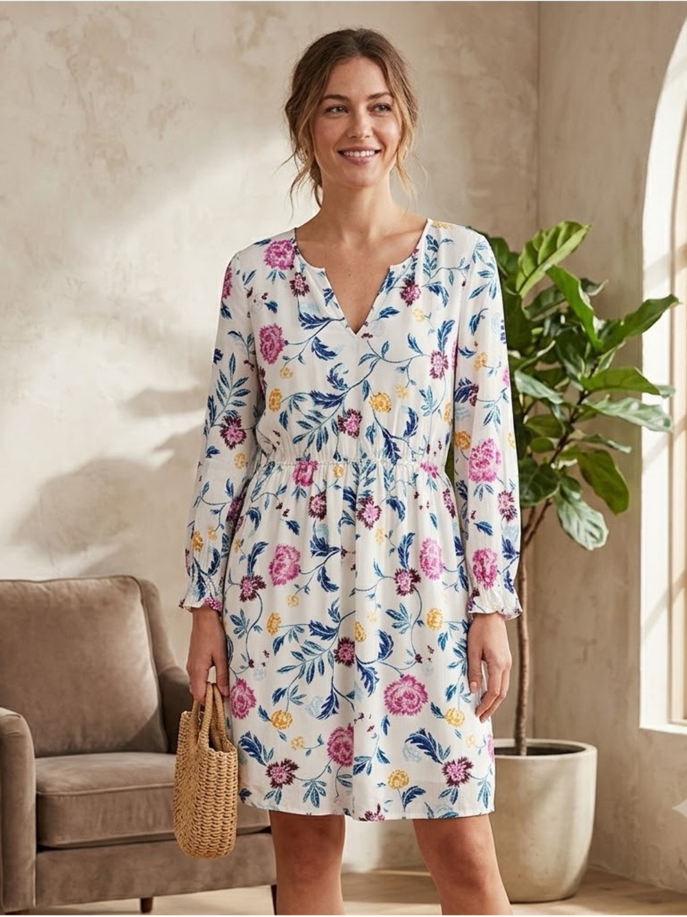 Old Navy White Floral V-Neck Long Sleeve Dress with Pink and Yellow Blooms